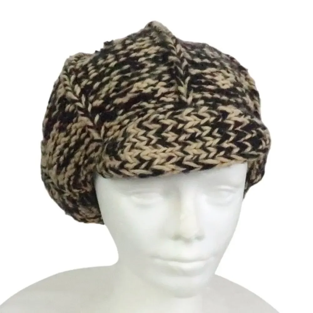 Vintage Tan and Black Marled Knit Beanie Hat w/ Brim and Bobble - Picture 2 of 4